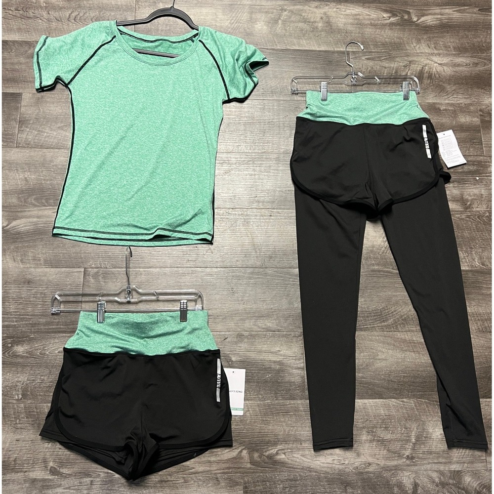 Julys Song Women Workout Set Women's Small 3 Piece Activewear Green Black NWT